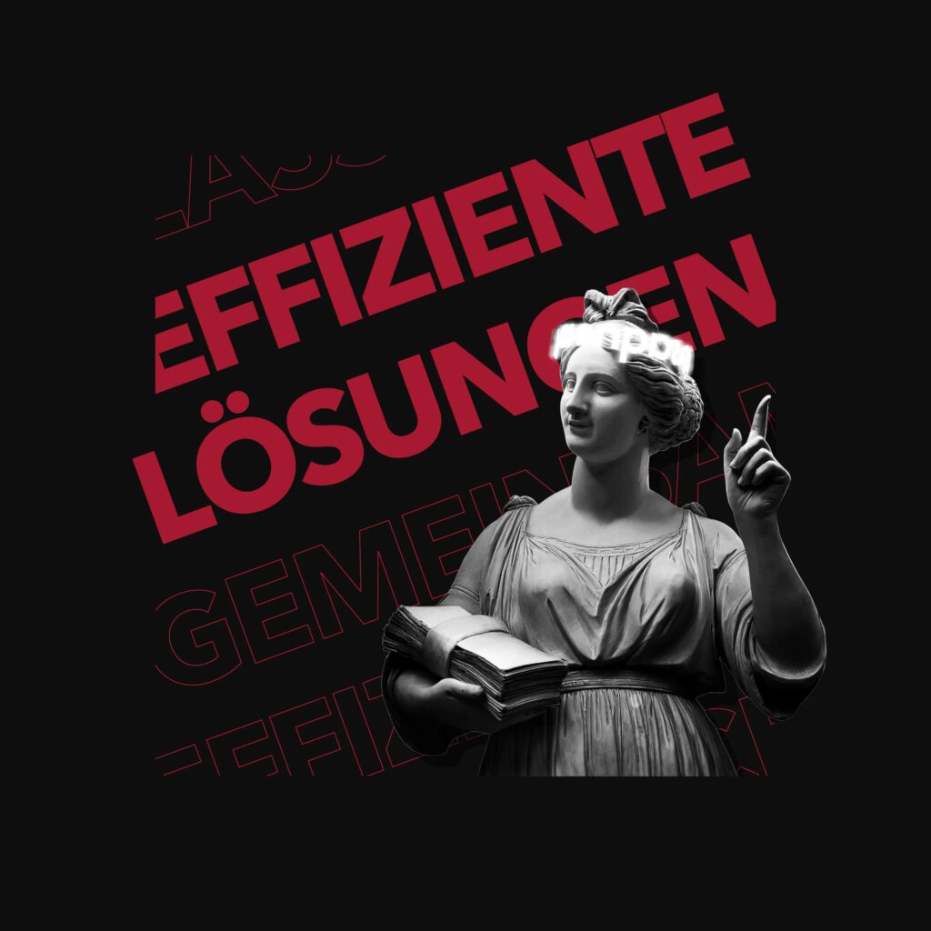 Statue mit Buch und erhobenem Finger, mit rotem Text „EFFIZIENTE LÖSUNGEN“ auf schwarzem Hintergrund.