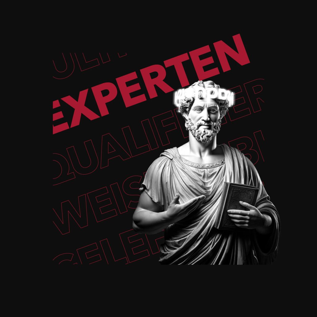 Statue, die ein Buch vor einem schwarzen Hintergrund mit rotem „Experten“-Text hält.