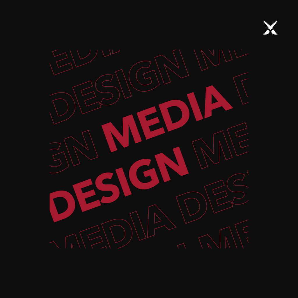 Roter Schriftzug „Media Design“ im Vordergrund auf dunklem Hintergrund.