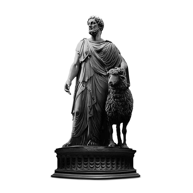 Klassische Statue eines Mannes im Gewand, der neben einem Schaf steht, beide auf einem runden, verzierten Sockel.